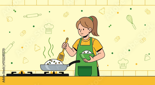 Happy Woman Cooking Tasty Rice Dish In A Brightly Lit Kitchen Interior Cartoon