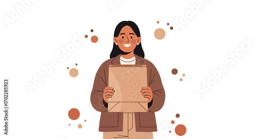 Happy woman holding a paper package smiling in a colorful illustration design