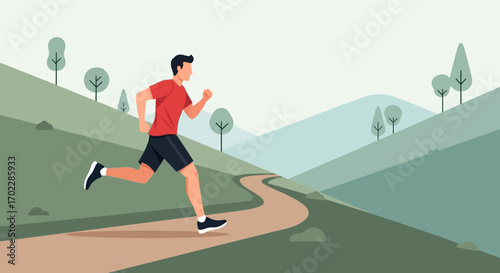Illustration of a man running on a trail in a natural landscape during a workout