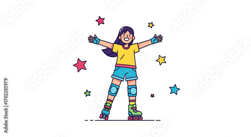 Happy woman roller skating with arms outstretched, with colorful stars around