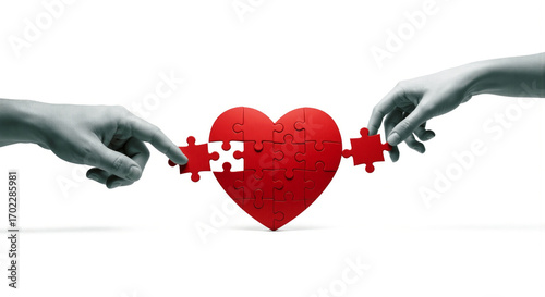 Action of Assembling Puzzle Pieces into a Heart, Symbolizing Love and Connection, Studio Setting, Graphic Design, Close-up View, Emotional Concept