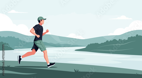 Illustration of a man running outdoors in nature near a river for exercise