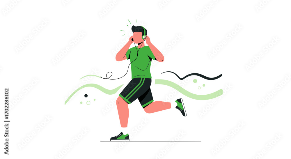 Obraz premium Illustration of a man running while listening to music with headphones in a modern design