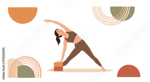 Harmonious Yoga Pose with Geometric Shapes on White Background for Wellness