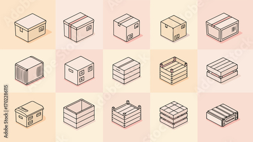 Collection of isometric line art illustrations of various boxes and crates container package