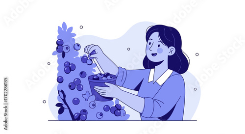 Harvesting Berries Illustration Showcasing A Woman Picking Fresh Fruit For Consumption And