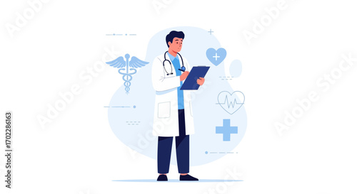 Healthcare Illustration of a Doctor in a Modern Design Reviewing a Medical Report