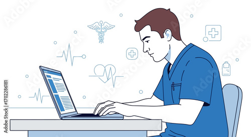 Healthcare Professional Analyzing Data Online Using Laptop for Medical Analysis and Reporting