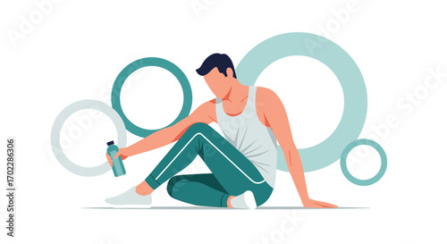 Illustration of a Man Taking a Break After Exercising with a Water Bottle