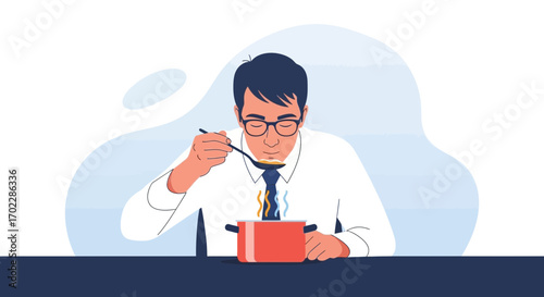 Illustration of a Man Tasting Soup from a Pot with a Spoon in a Simplified Style