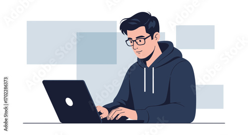 Illustration of a man using a laptop in a minimalistic and modern design style