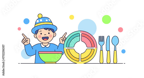 Healthy Eating Illustration with a Smiling Kid, Plate, and Cutlery on a White Background