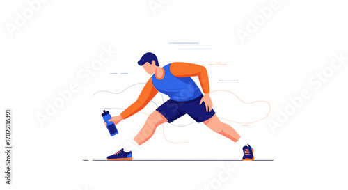 Illustration of a man who is exercising and reaching for a water bottle, fitness concept