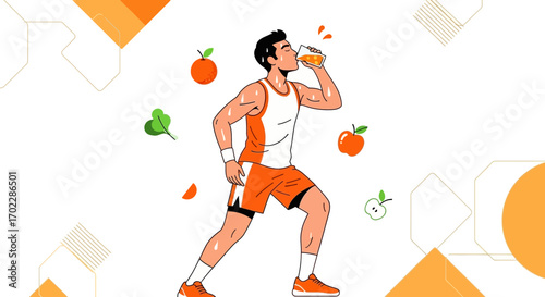 Healthy lifestyle illustration with a man drinking juice, fruits, and a clean background
