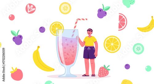 Healthy summer drink with fruits concept illustration with cartoon characters no comma