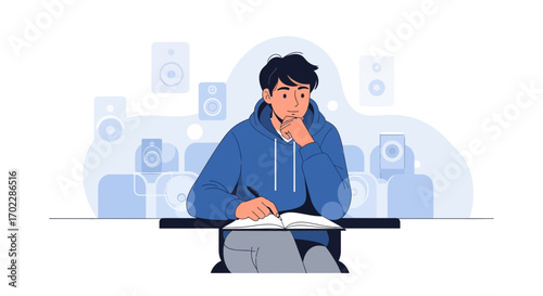 Illustration of a man writing in his notebook while thinking, a creative scene