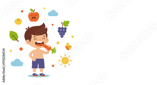 Healthy Youngster Joyfully Consuming Fresh Vegetables and Delightful Fruits, Vector Illustration