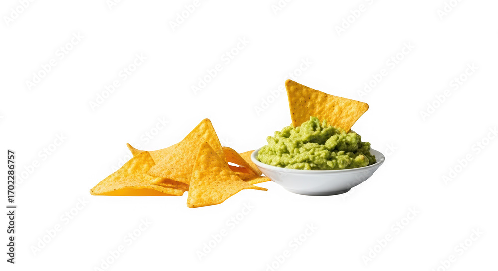Fototapeta premium Tortilla chips served with guacamole in white bowl on white background 