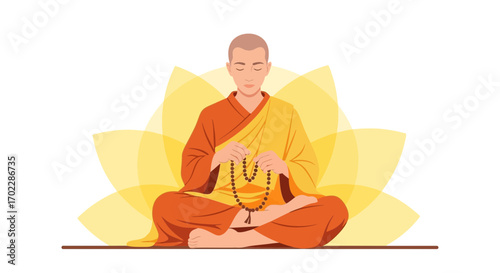 Illustration of a monk meditating in the lotus position with a prayer beads