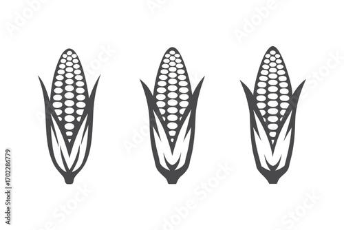 Three Corn Cobs, Silhouetted, Husked Grains, Graphic, Isolated, White Background