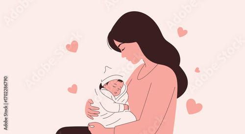 Illustration of a Mother Embracing and Caring for Her Newborn Baby with Hearts