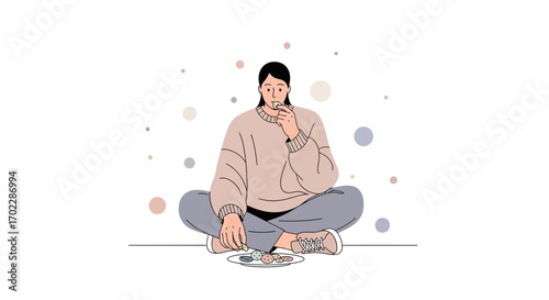 Illustration of a person consuming food while seated and relaxed in a comfortable position