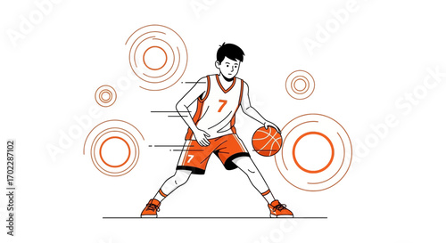 Illustration of a basketball player dribbling the ball in a vector style design scene graphic