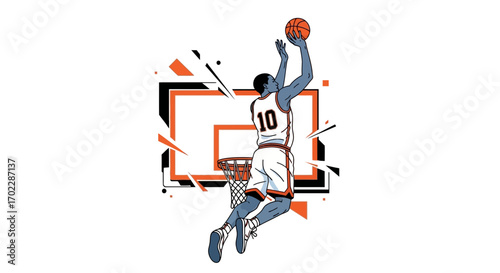 Illustration of a Basketball Player Shooting the Ball Towards the Hoop with Abstract Elements