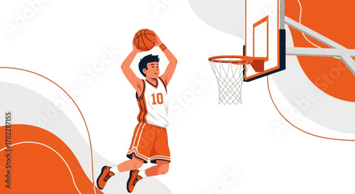Illustration of a basketball player jumping to shoot the ball into the hoop for a goal