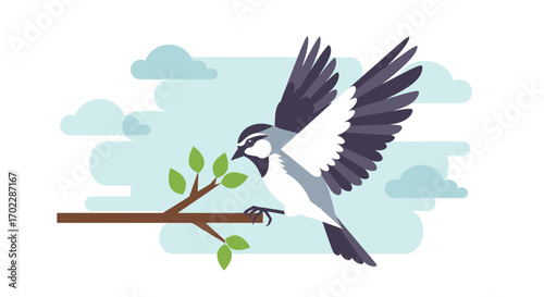 Illustration of a bird taking off from a branch with a cloudy sky as background.