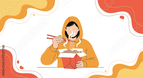 Illustration of a person eating noodles with chopsticks from a box