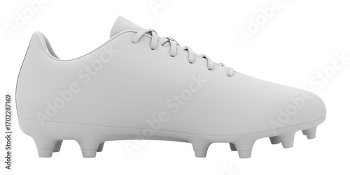 White soccer cleat mockup, side view, isolated, 3d rendering. Blank football boot mock up. Empty sports footwear template for branding. Athletic shoe design display. PNG