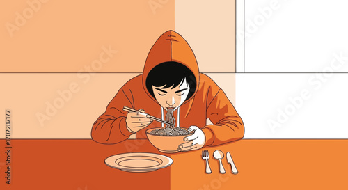 Illustration of a person eating noodles with chopsticks, cartoon styled design for lifestyle