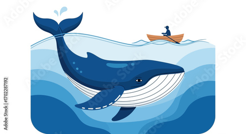 Illustration of a blue whale in the ocean with a boat and a person on top of it
