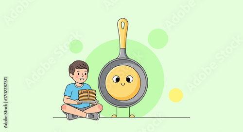 Illustration of a boy eating pancakes with a cute smiling frying pan on background