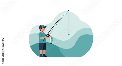 Illustration of a boy fishing with a rod representing the relaxing leisure activity