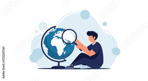 Illustration of a person examining the globe with a magnifying glass to find new locations