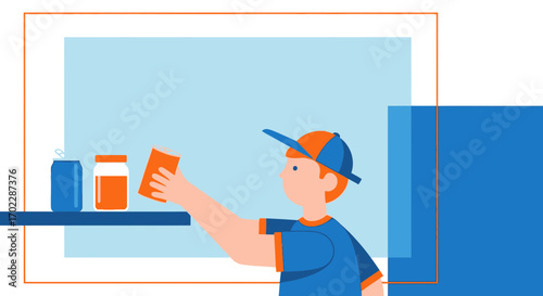 Illustration of a boy organizing drinks in a shelf, modern graphic design art