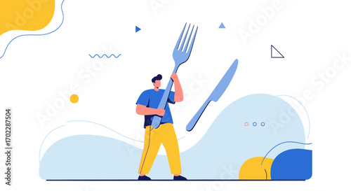 Illustration of a person holding a giant fork and knife, food and dining concept depicted
