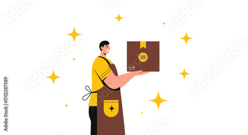Illustration of a person holding a take away box with some shining stars