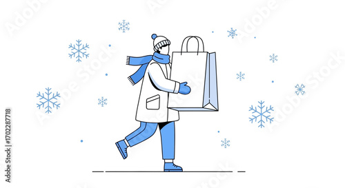 Illustration of a person in winter clothing carrying a shopping bag in the snow