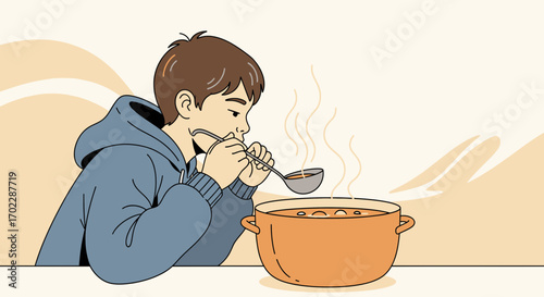 Illustration Of A Boy Tasting Soup From A Ladle In An Orange Pot For Lunch