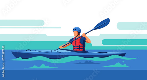 Illustration of a person kayaking on blue water in a flat design, water sport activity