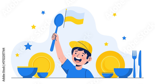 Illustration of a boy with a spoon flag among dishes representing happiness and celebration