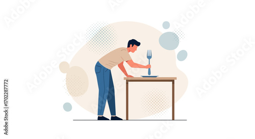 Illustration of a person leaning over a table and holding a fork over a plate