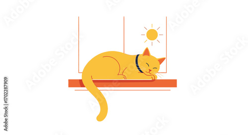 Illustration of a cat napping on a windowsill with the sun, simple and minimalist style