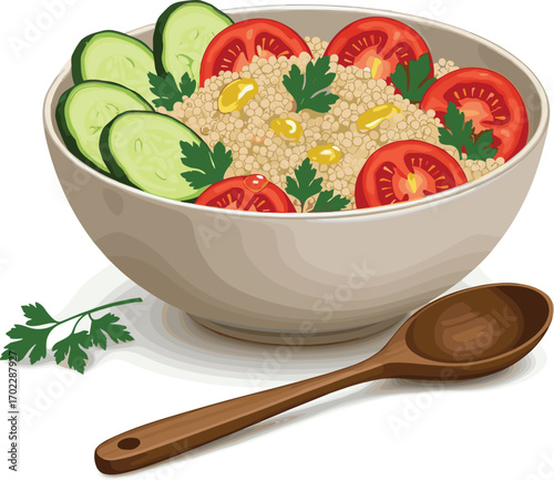 Healthy Quinoa Salad with Vegetables and Wooden Spoon Vector