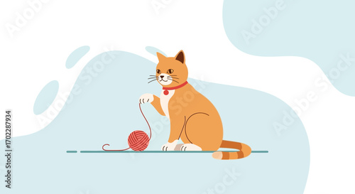 Illustration of a cat playing with a ball of yarn in a minimalist style