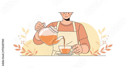 Illustration of a Person Pouring Tea into a Cup in a Relaxing and Warm Coffee Shop