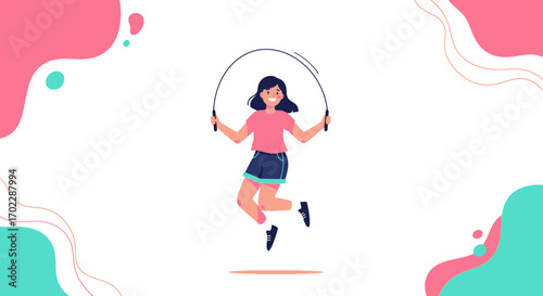 Illustration of a cheerful woman exercising with a jump rope, fitness concept